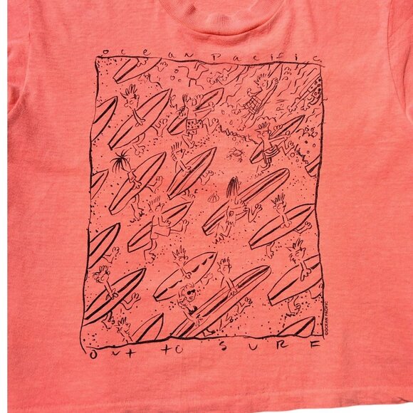 90s Vintage Ocean Pacific T-shirt Out to Surf Cartoon Single Stitch OP Crop Top. - Picture 5 of 8